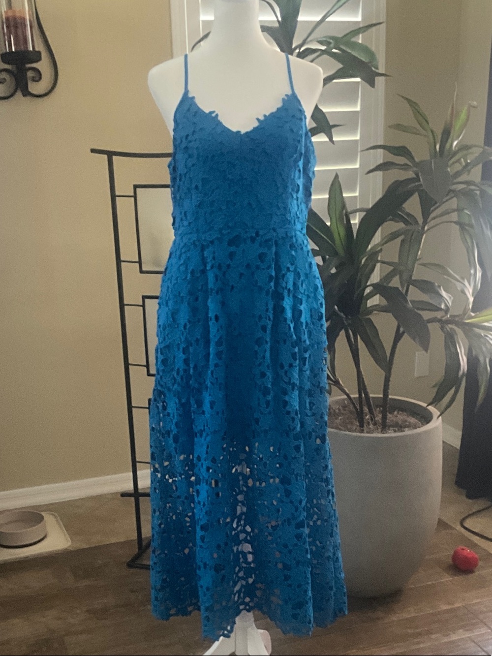 Vici Blue Lace Midi Dress with Spaghetti Straps - Medium